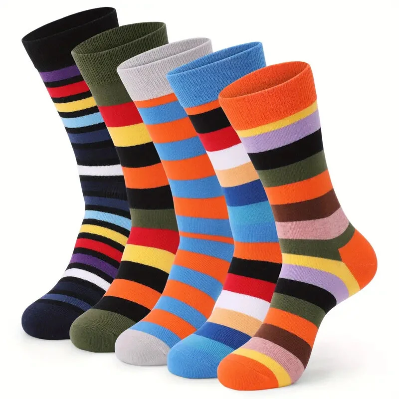 5 Pairs Men's Cotton Stripe Socks Funny Crew Bright Color Block Personality Mid Long Tube Skateboard Socks Unisex — image 1