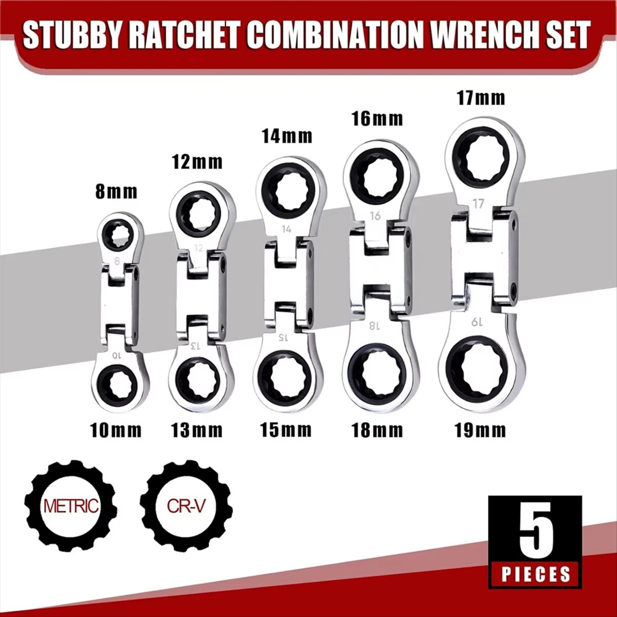 5-Piece Flex-Head Stubby Ratcheting Combination Wrench Set Mini Wrench Set Double Box End Flex-Head Mini Spanner Set — view 3