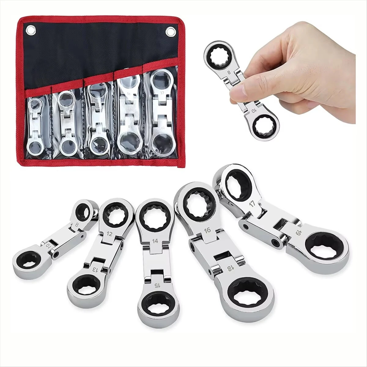 5-Piece Flex-Head Stubby Ratcheting Combination Wrench Set Mini Wrench Set Double Box End Flex-Head Mini Spanner Set — view 7