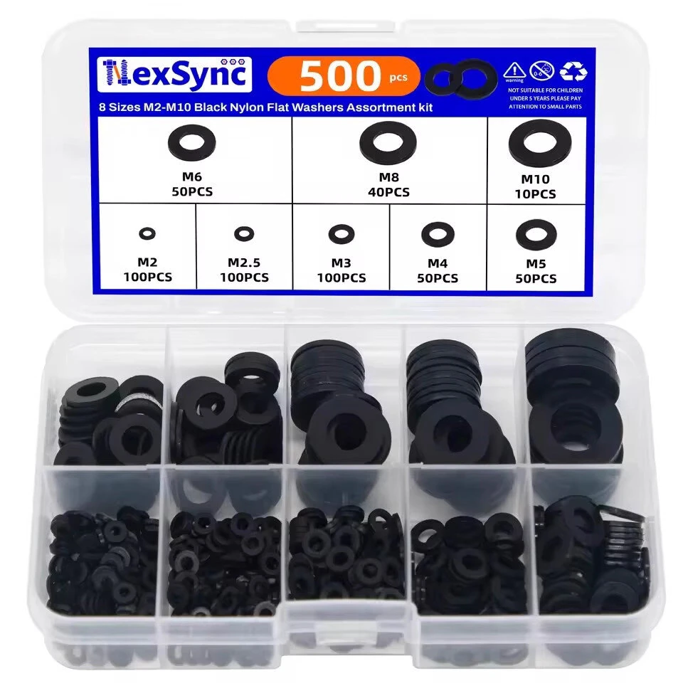 500Pcs 8 Size Black Nylon Flat Washers Set M2 M2.5 M3 M4 M5 M6 M8 M10 Assortment Kit Plane Spacer Insulation Gasket Ring — image 1