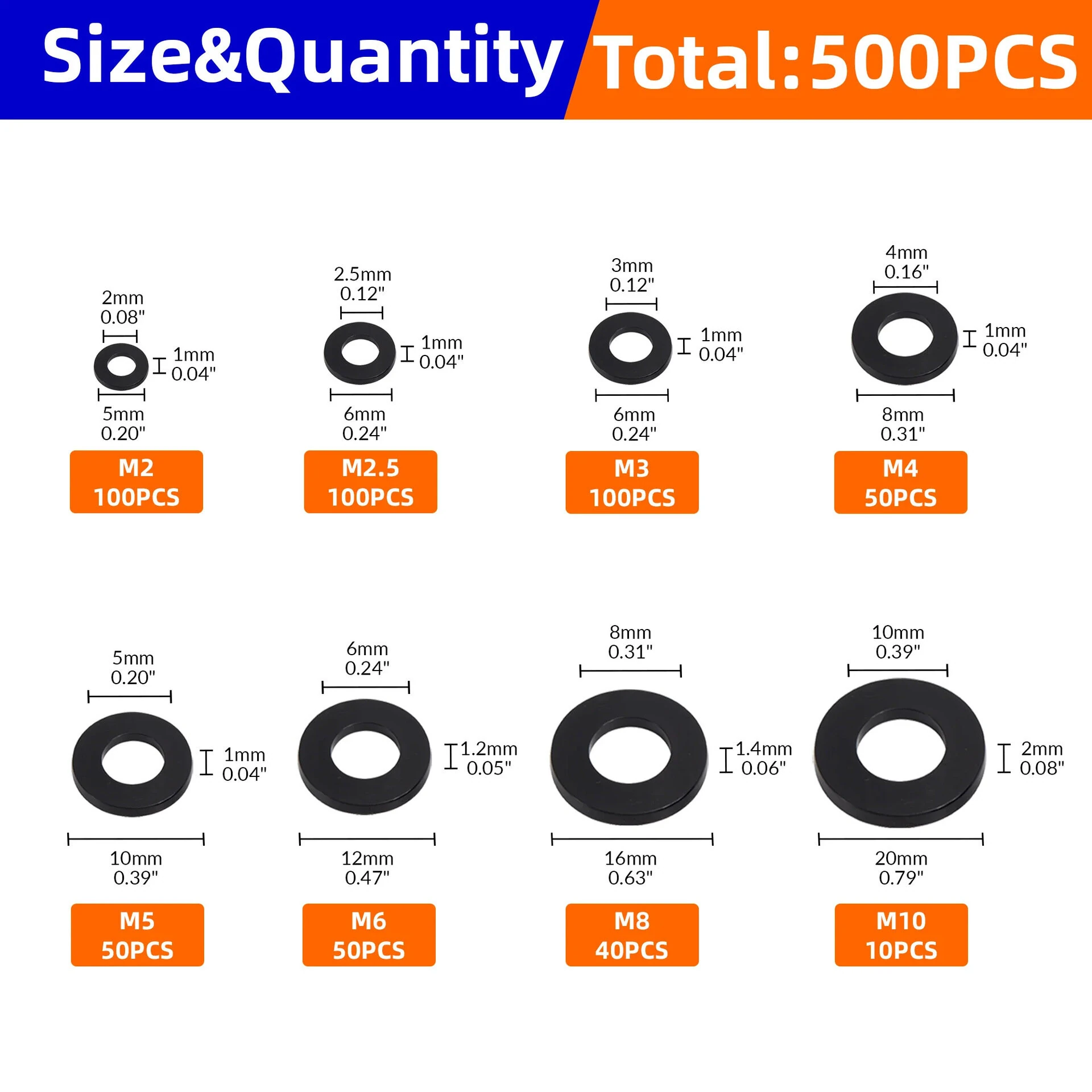 500Pcs 8 Size Black Nylon Flat Washers Set M2 M2.5 M3 M4 M5 M6 M8 M10 Assortment Kit Plane Spacer Insulation Gasket Ring — view 2
