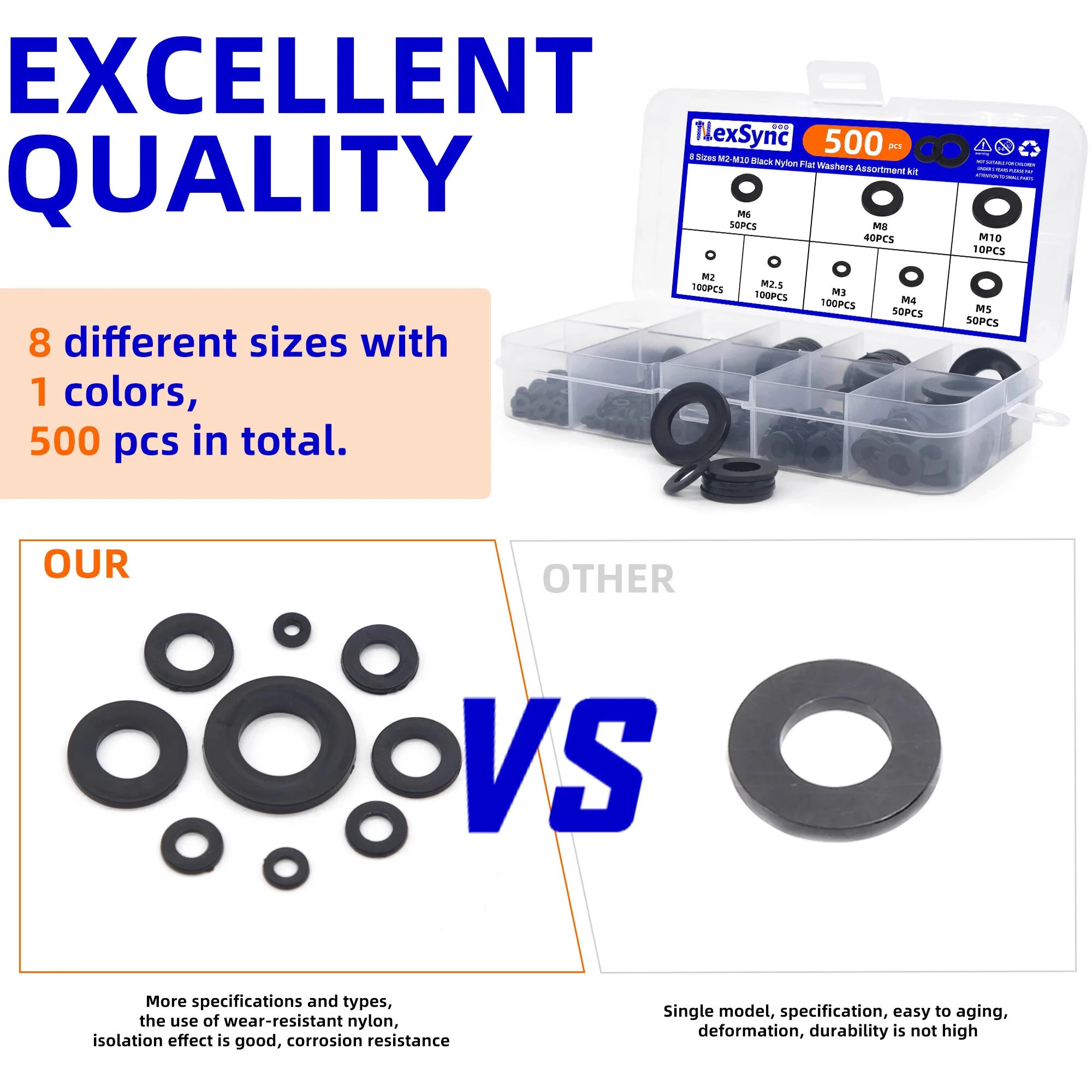 500Pcs 8 Size Black Nylon Flat Washers Set M2 M2.5 M3 M4 M5 M6 M8 M10 Assortment Kit Plane Spacer Insulation Gasket Ring — view 3
