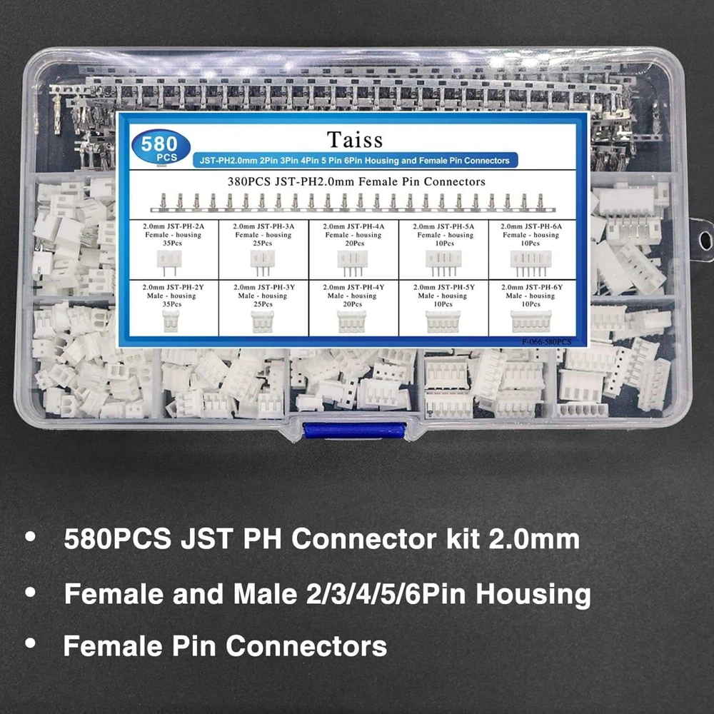 580PCS JST-PH2.0mm Pitch 2P3P4P5P6P Plastic Shell Straight Pin Base Connector Terminal — view 2