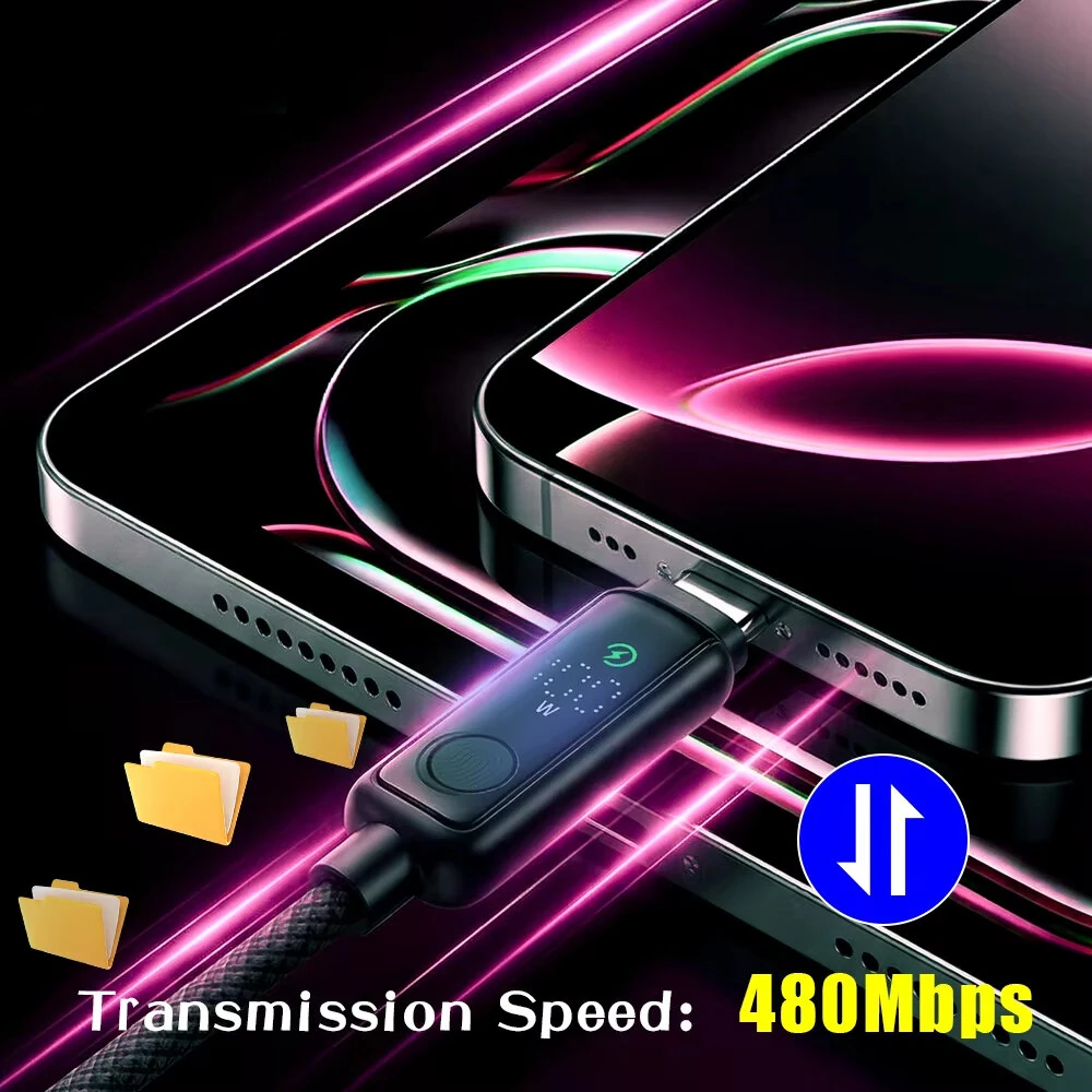 5A PD100W Type-C to Type-C Touch Control Cable with HD Digital Display Fast Charging Data Transmission Copper Core Line 1.2M Long for iPhone 17 17Pro Max 16 15 for Huawei Mate XTs for OPPO for VIVO — view 3