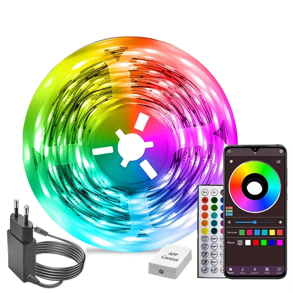 5M/10M/15M/20M 3535LEDs 24V Smart Double-Row RGB Strip Light Multi Colors Adjustable APP Remote Control Music Sync Bluetooth Strip Light Kit for Indoor Rooms Decoration
