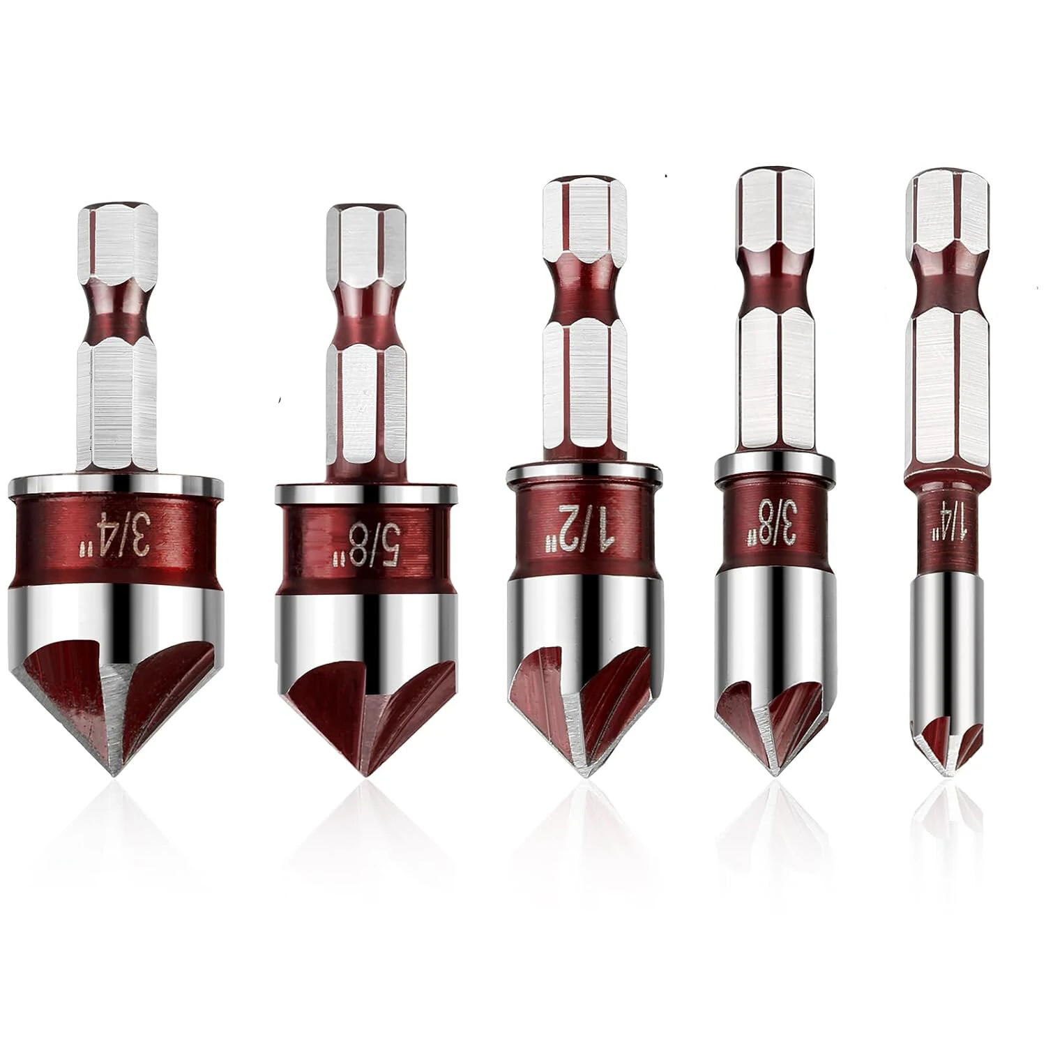 5PCS Countersink Drill Bit Set 82 Degree 5 Flute Uncoated Hex Shank 1/4 to 3/4 Inch for Wood metal Plastic Chamfering Deburring — image 1