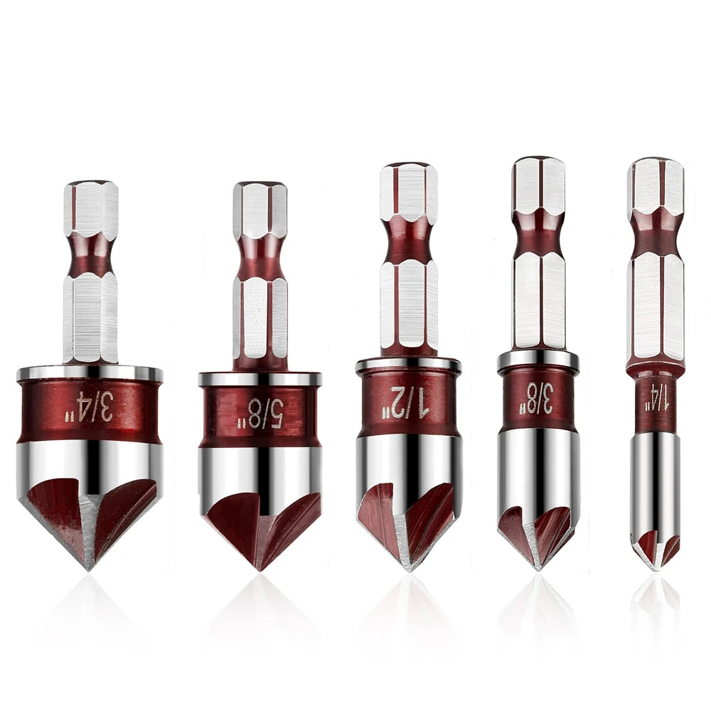 5Pcs Drill Bit Set Premium Countersink Drill Bit with 82-Degree 5 Flutes Quick-Change Hex Shank 1/4 Inch to 3/4 Inch Size for Wood Metal Plastic — image 1
