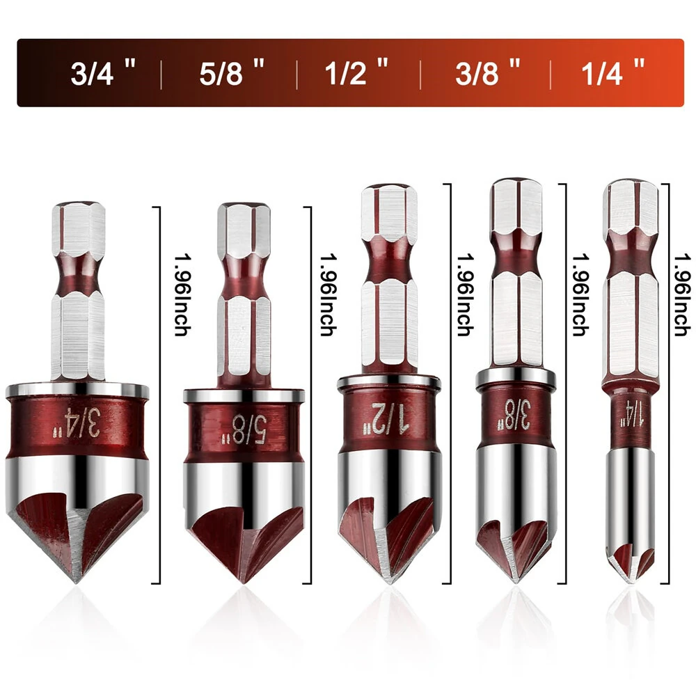 5Pcs Drill Bit Set Premium Countersink Drill Bit with 82-Degree 5 Flutes Quick-Change Hex Shank 1/4 Inch to 3/4 Inch Size for Wood Metal Plastic — view 2