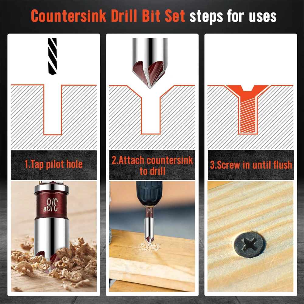 5Pcs Drill Bit Set Premium Countersink Drill Bit with 82-Degree 5 Flutes Quick-Change Hex Shank 1/4 Inch to 3/4 Inch Size for Wood Metal Plastic — view 4