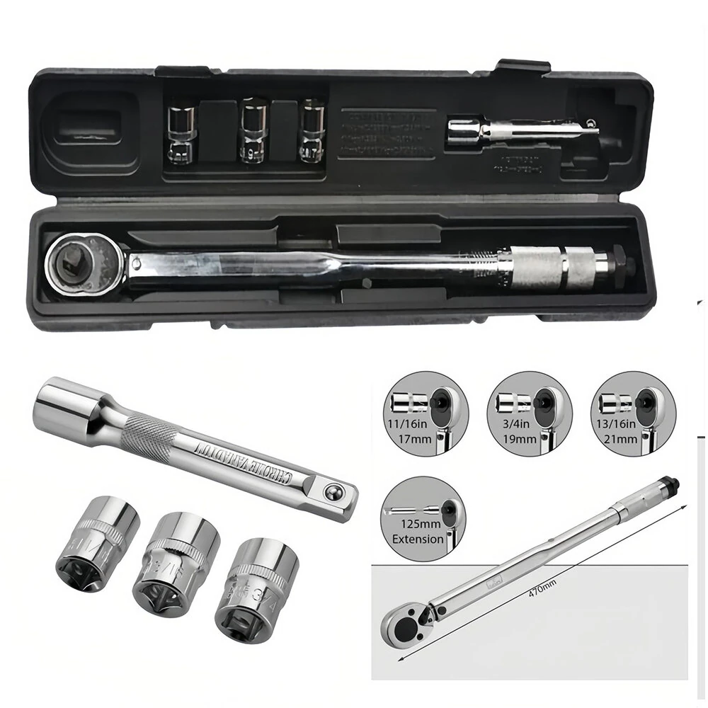 5PCS Torque Wrench Set 28-210Nm Bi-Directional Heat-Treated Steel Includes 3 Sockets 1 Extension Bar High Precision Tool — view 3