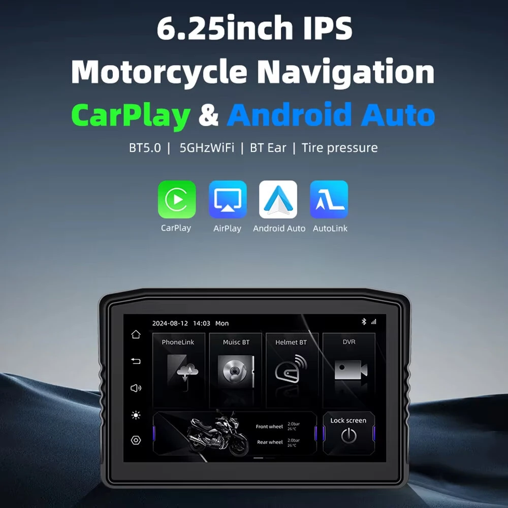 6.25" Wireless CarPlay Moto Android Auto Portable Digital Dashboard Anti Theft Removable Screen GPS Motorcycle Navigation — view 2