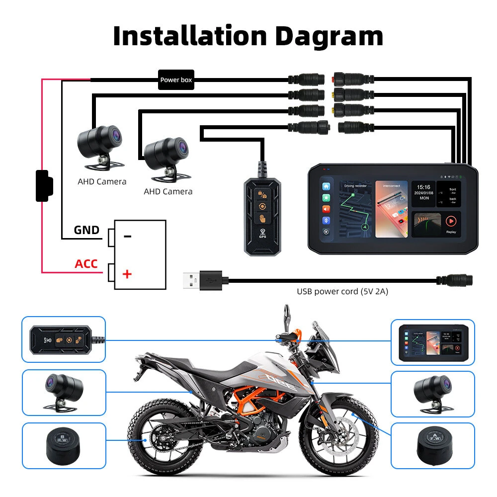 6.25inch Wireless CarPlay Moto Android Auto Portable Digital Dashboard GPS Motorcycle Navigation Display GPS Remote Control TPMS — view 2