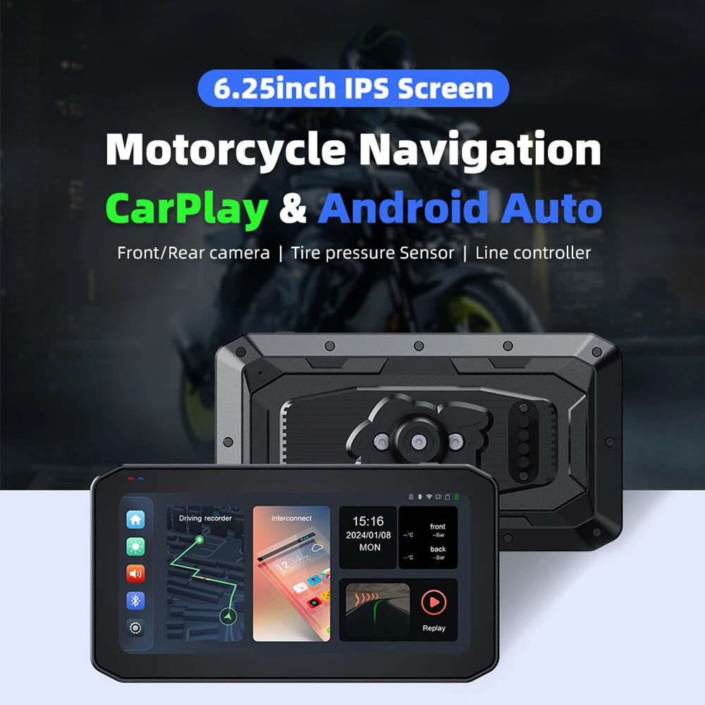 6.25inch Wireless CarPlay Moto Android Auto Portable Digital Dashboard GPS Motorcycle Navigation Display GPS Remote Control TPMS — view 3