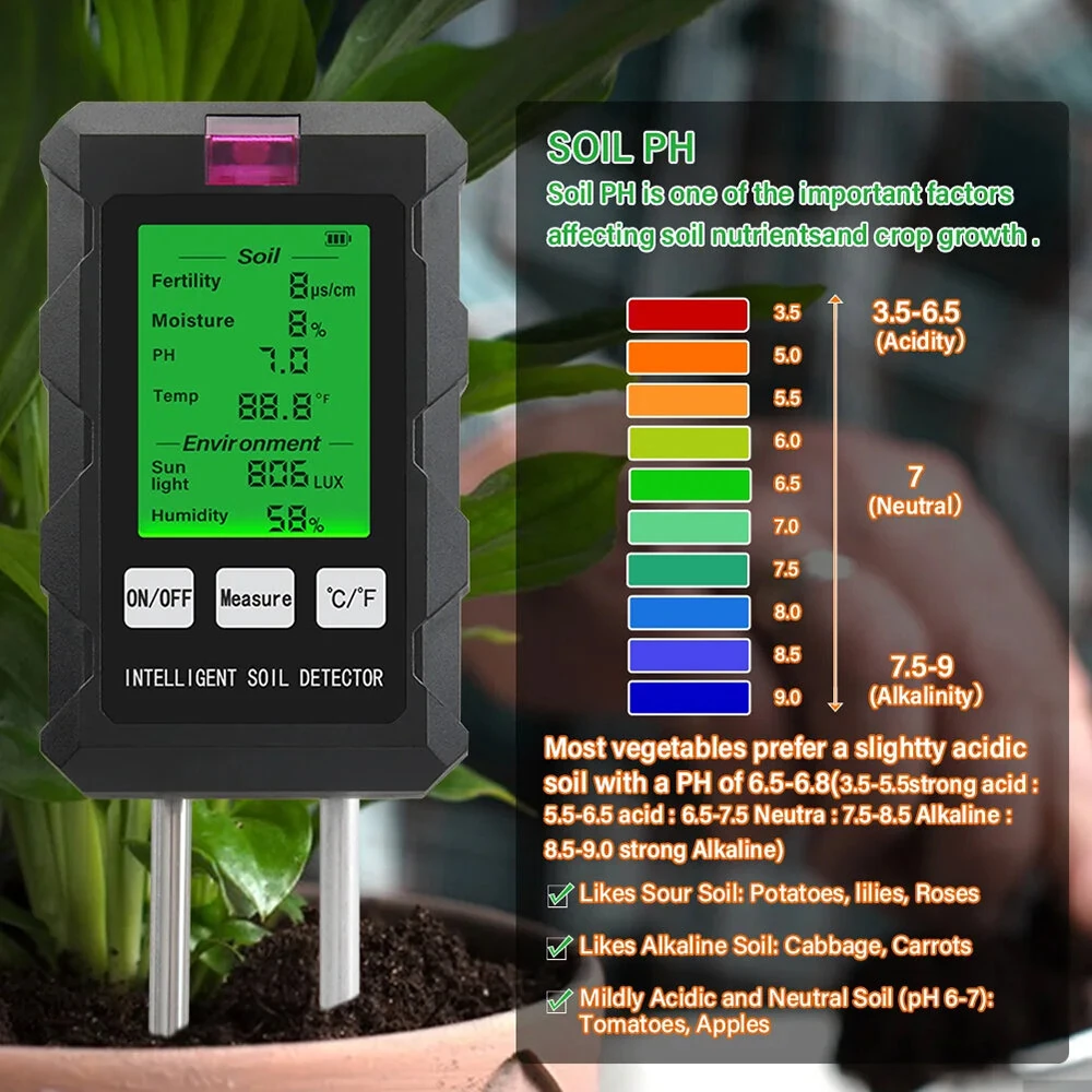 6 in 1 Digital Soil Tester PH Meter Fertility Soil Moisture Sunlight Ambient Humidity Temperature Monitor Detector Garden Soil Analyzer — view 6