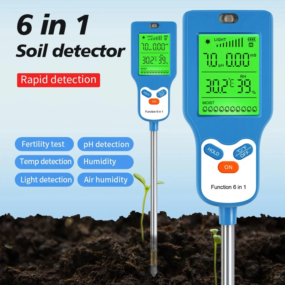 6 in 1 Soil Meter PH Tester LCD Display Light Fertility Temperature Moisture Humidity Analyzer Gardening Tool Battery Powered Eco-Friendly — view 2