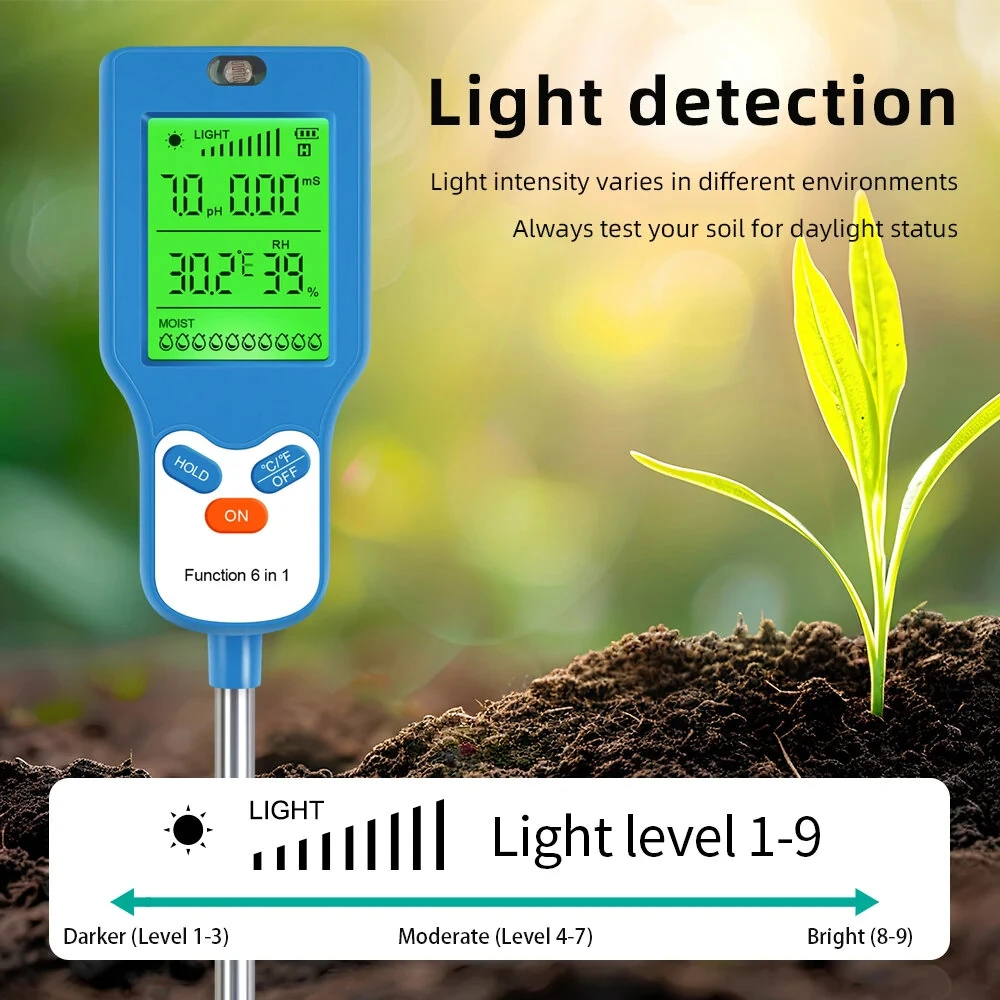 6 in 1 Soil Meter PH Tester LCD Display Light Fertility Temperature Moisture Humidity Analyzer Gardening Tool Battery Powered Eco-Friendly — view 3