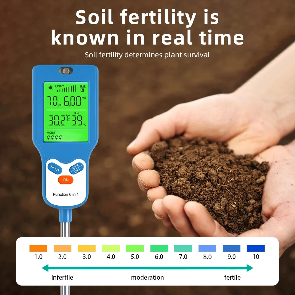 6 in 1 Soil Meter PH Tester LCD Display Light Fertility Temperature Moisture Humidity Analyzer Gardening Tool Battery Powered Eco-Friendly — view 4