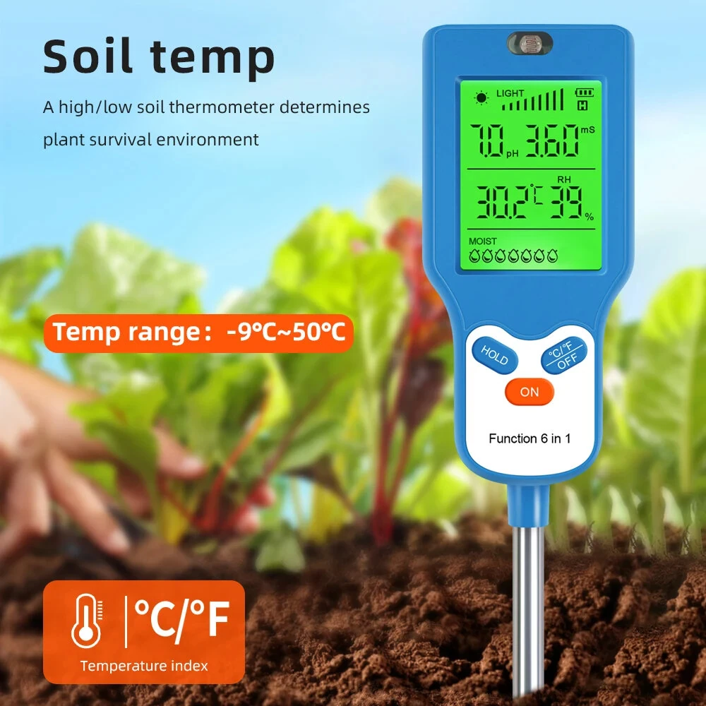 6 in 1 Soil Meter PH Tester LCD Display Light Fertility Temperature Moisture Humidity Analyzer Gardening Tool Battery Powered Eco-Friendly — view 5
