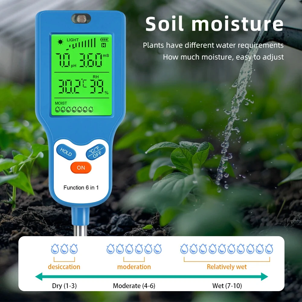 6 in 1 Soil Meter PH Tester LCD Display Light Fertility Temperature Moisture Humidity Analyzer Gardening Tool Battery Powered Eco-Friendly — view 6