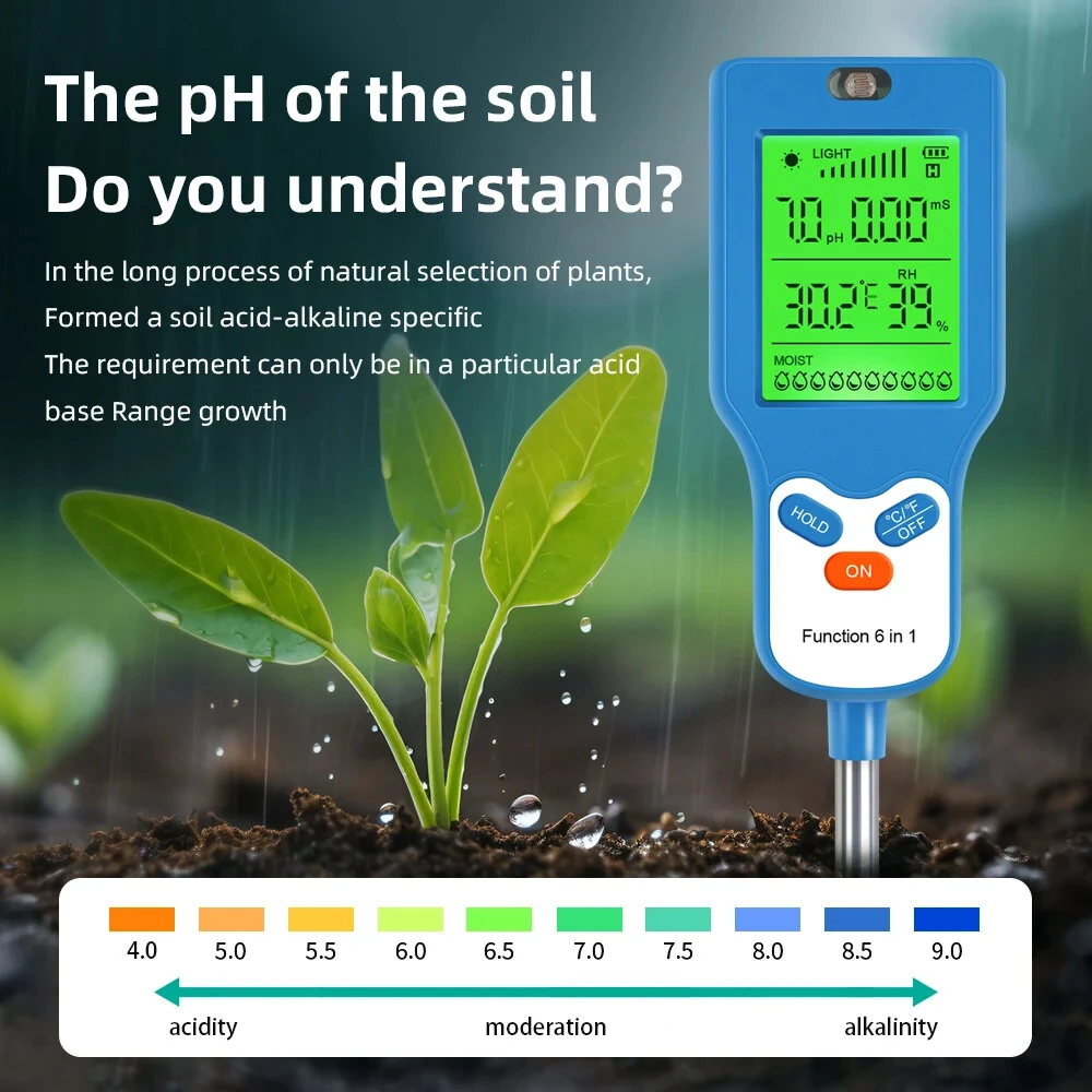 6 in 1 Soil Meter PH Tester LCD Display Light Fertility Temperature Moisture Humidity Analyzer Gardening Tool Battery Powered Eco-Friendly — view 7