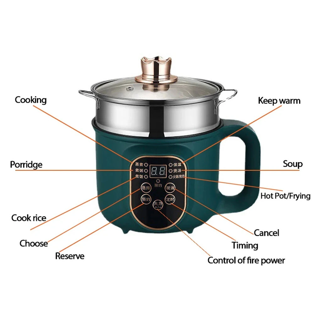 600W Electric Cooking Pot Portable 1.8L Stainless Steel with Timer Removable Cord for Home Camping Picnics Food Grade Material — view 8