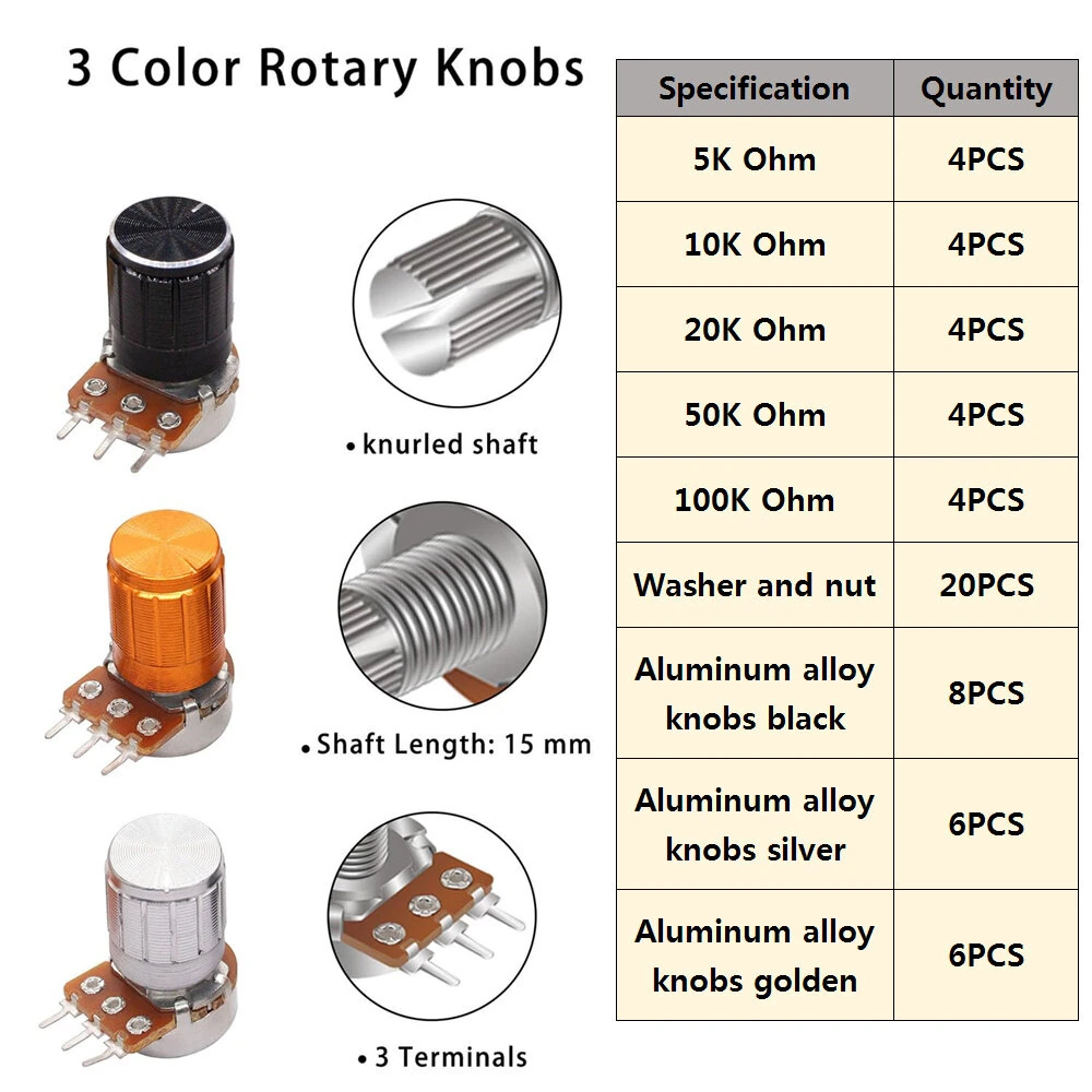 60PCS WH148 Potentiometer Switch Kit B5K/10K/20K/50K/100K Ohm 15mm Shaft with Black/Silver/Golden Knobs for Audio Control Electronic Projects — view 3