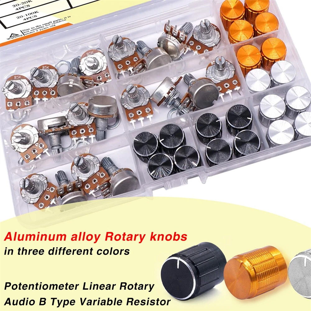 60PCS WH148 Potentiometer Switch Kit B5K/10K/20K/50K/100K Ohm 15mm Shaft with Black/Silver/Golden Knobs for Audio Control Electronic Projects — view 4