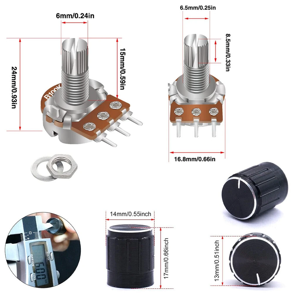 60PCS WH148 Potentiometer Switch Kit B5K/10K/20K/50K/100K Ohm 15mm Shaft with Black/Silver/Golden Knobs for Audio Control Electronic Projects — view 5