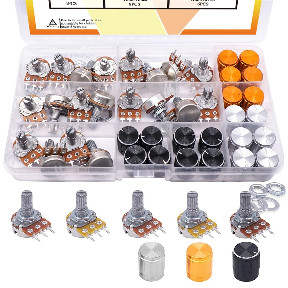 60PCS WH148 Potentiometer Switch Kit B5K/10K/20K/50K/100K Ohm 15mm Shaft with Black/Silver/Golden Knobs for Audio Control Electronic Projects — view 6