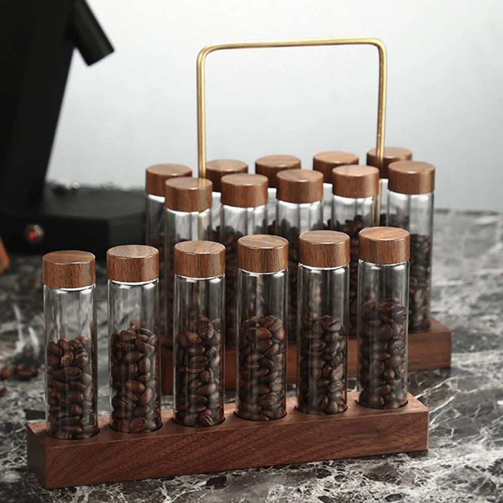6/10/12 Slots Wood Base Coffee Bean Glass Bottle Display Stand Transparent Glass Tubes Wooden Lids Storage Rack — Pricio