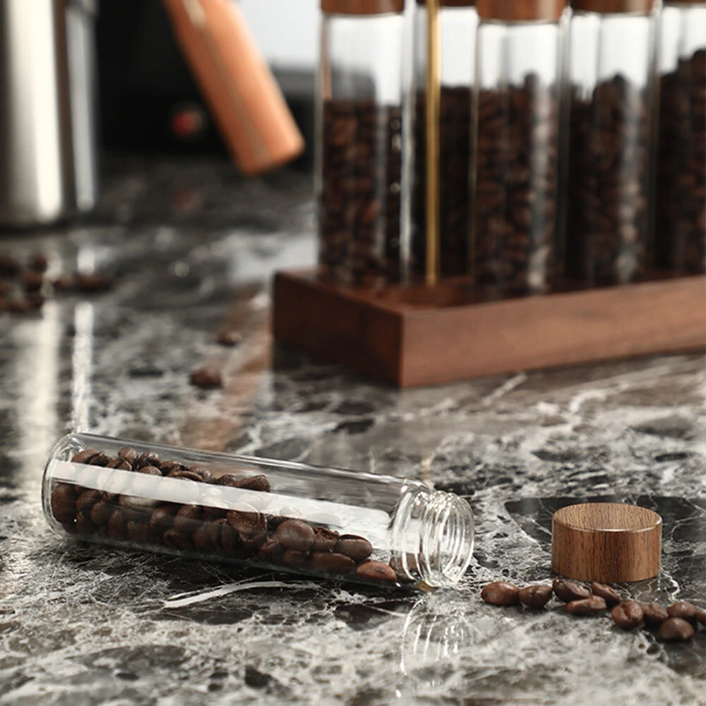 6/10/12 Slots Wood Base Coffee Bean Glass Bottle Display Stand Transparent Glass Tubes Wooden Lids Storage Rack — view 8