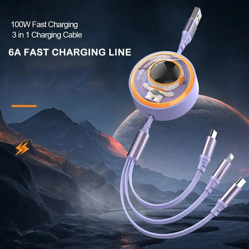 6A 100W USB-A to Type-C/Micro/iP Retractable Cable Fast Charging Data Transmission Copper Core Line 1.2M Long for iPhone 15 14 13 for Huawei Pura 70 Ultra for Xiaomi Civi 4 Pro for Samsung Galaxy S24 — view 4