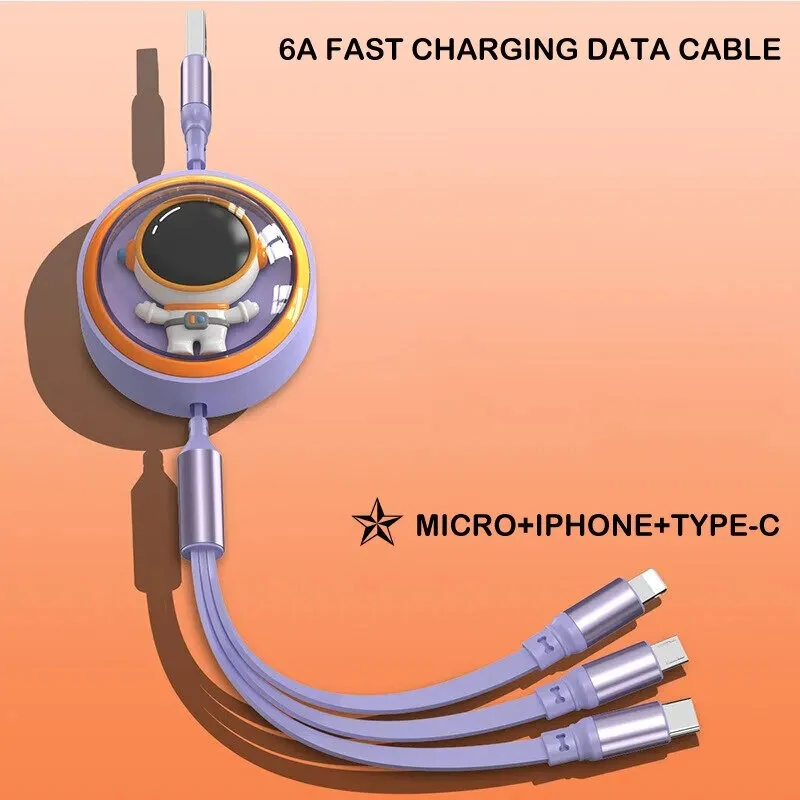 6A 100W USB-A to Type-C/Micro/iP Retractable Cable Fast Charging Data Transmission Copper Core Line 1.2M Long for iPhone 15 14 13 for Huawei Pura 70 Ultra for Xiaomi Civi 4 Pro for Samsung Galaxy S24 — view 6