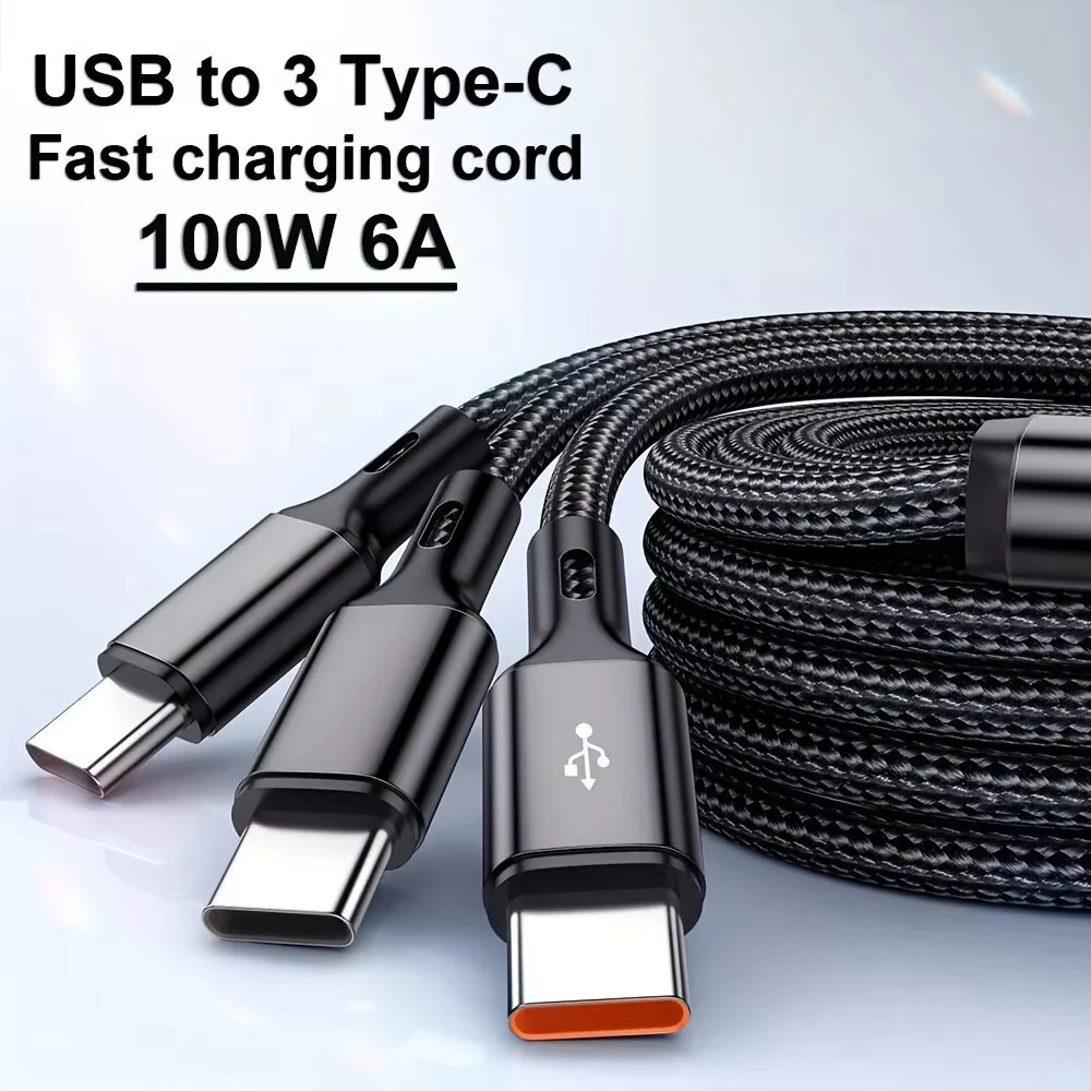 6A 100W USB-A to Type-C+Type-C+Type-C Cable Fast Charging Data Transmission Copper Core Line 0.2M/1.2M Long for iPhone 16 16 Pro 15 14 for Samsung Galaxy S25 for Xiaomi 15 Ultra — view 5