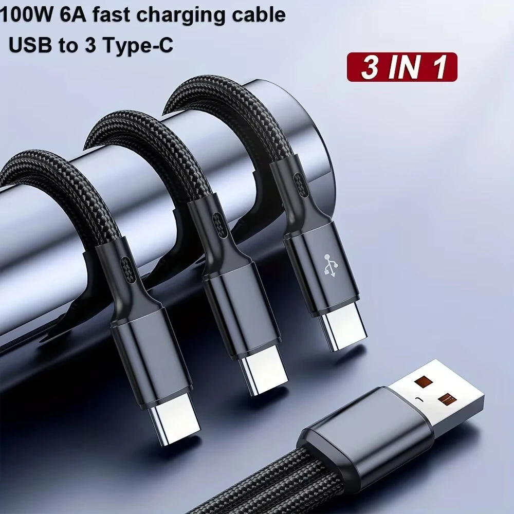 6A 100W USB-A to Type-C+Type-C+Type-C Cable Fast Charging Data Transmission Copper Core Line 0.2M/1.2M Long for iPhone 16 16 Pro 15 14 for Samsung Galaxy S25 for Xiaomi 15 Ultra — view 6