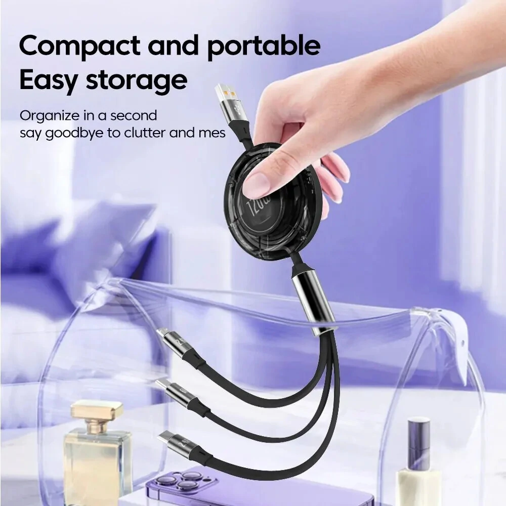 6A 120W USB-A to iP/Micro/Type-C Retractable Cable Fast Charging Data Transmission Copper Core Line 1.2M Long for iPhone 15 14 13 for Samsung Galaxy S24 for Huawei Pura 70 Ultra for Xiaomi Civi 4 Pro — view 3