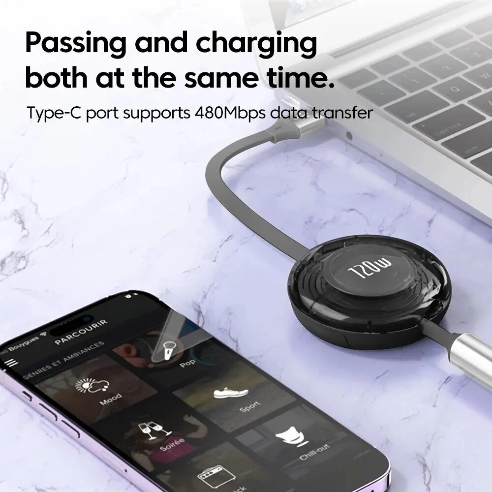 6A 120W USB-A to iP/Micro/Type-C Retractable Cable Fast Charging Data Transmission Copper Core Line 1.2M Long for iPhone 15 14 13 for Samsung Galaxy S24 for Huawei Pura 70 Ultra for Xiaomi Civi 4 Pro — view 6