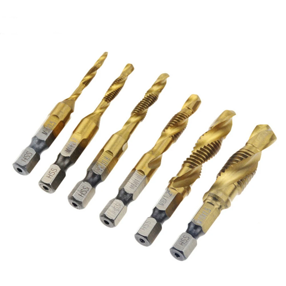 6Pcs 1/4 Inch M3-M10 Short Type or Long Type Composite Tap HSS Combination Drill Tap Bit Set Hex Shank Deburr Countersink Bits — view 5