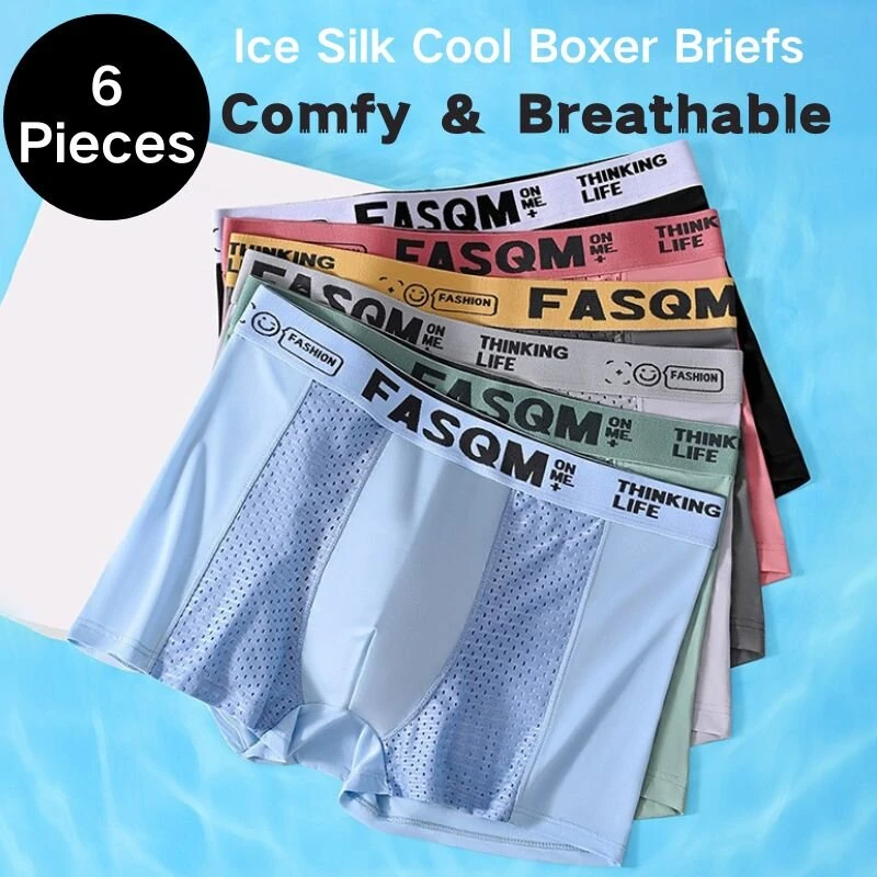 6pcs Men's Ice Silk Cool Soft Seamless Comfy Boxers Briefs Underwear, Mesh Breathable Comfy Stretchy Trunks, Men's Casual Plain Color Underwear — image 1