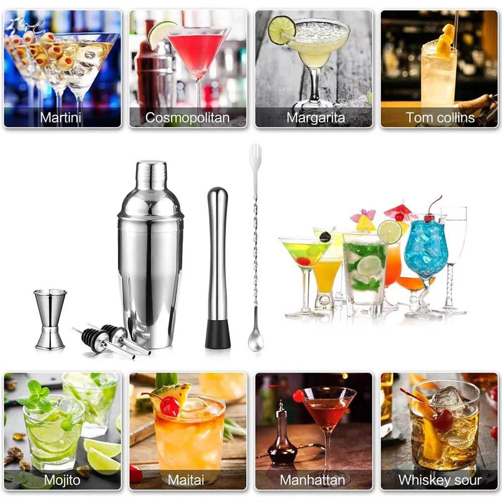 6PCS Stainless Steel Cocktail Shaker Set Professional Martini Drink Mixer Tool Set for Home Bar Party — view 6
