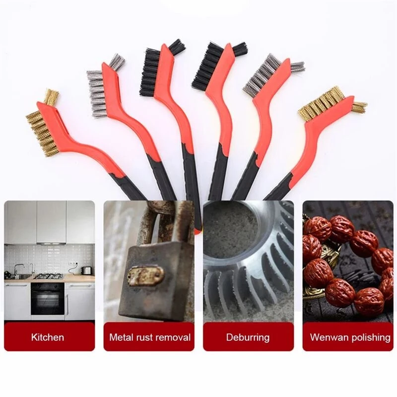 6pcs Wire Brush Set Nylon Stainless Steel Copper Brushes 7 Inch Rust Paint Remover Cleaning Tools Metal Polishing Industrial and Home Use — view 2