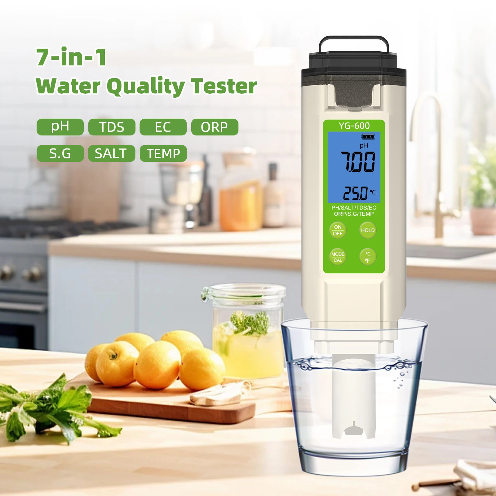 7-in-1 Water Quality Tester YG-600 Digital pH Meter EC TDS Salt ORP Temperature Tester for Aquarium Pool Hydroponics Accurate Measurement — view 2