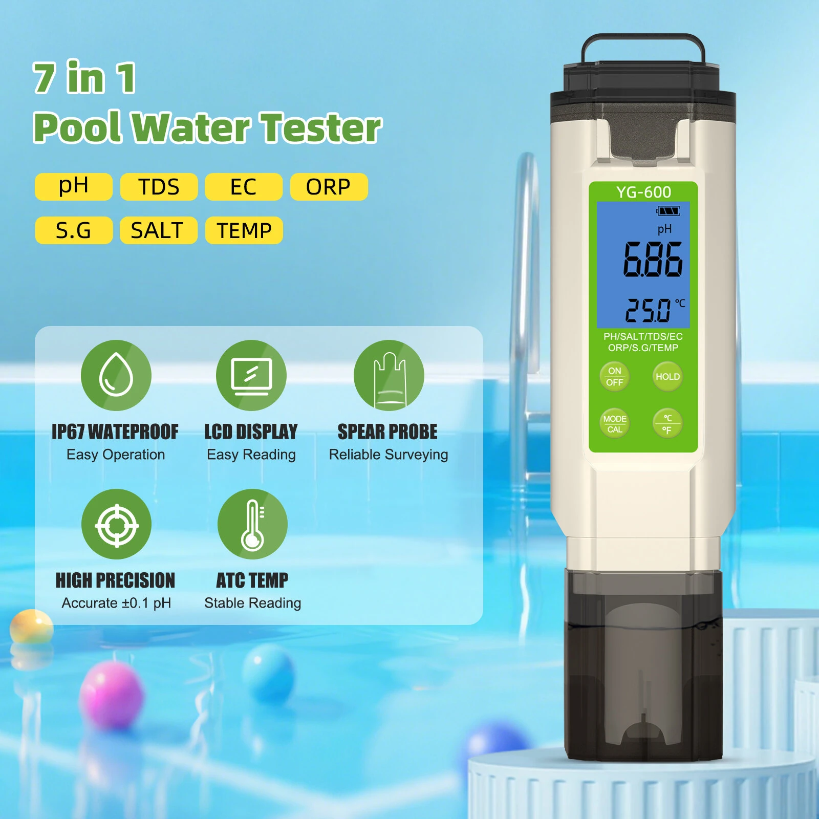 7-in-1 Water Quality Tester YG-600 Digital pH Meter EC TDS Salt ORP Temperature Tester for Aquarium Pool Hydroponics Accurate Measurement — view 3