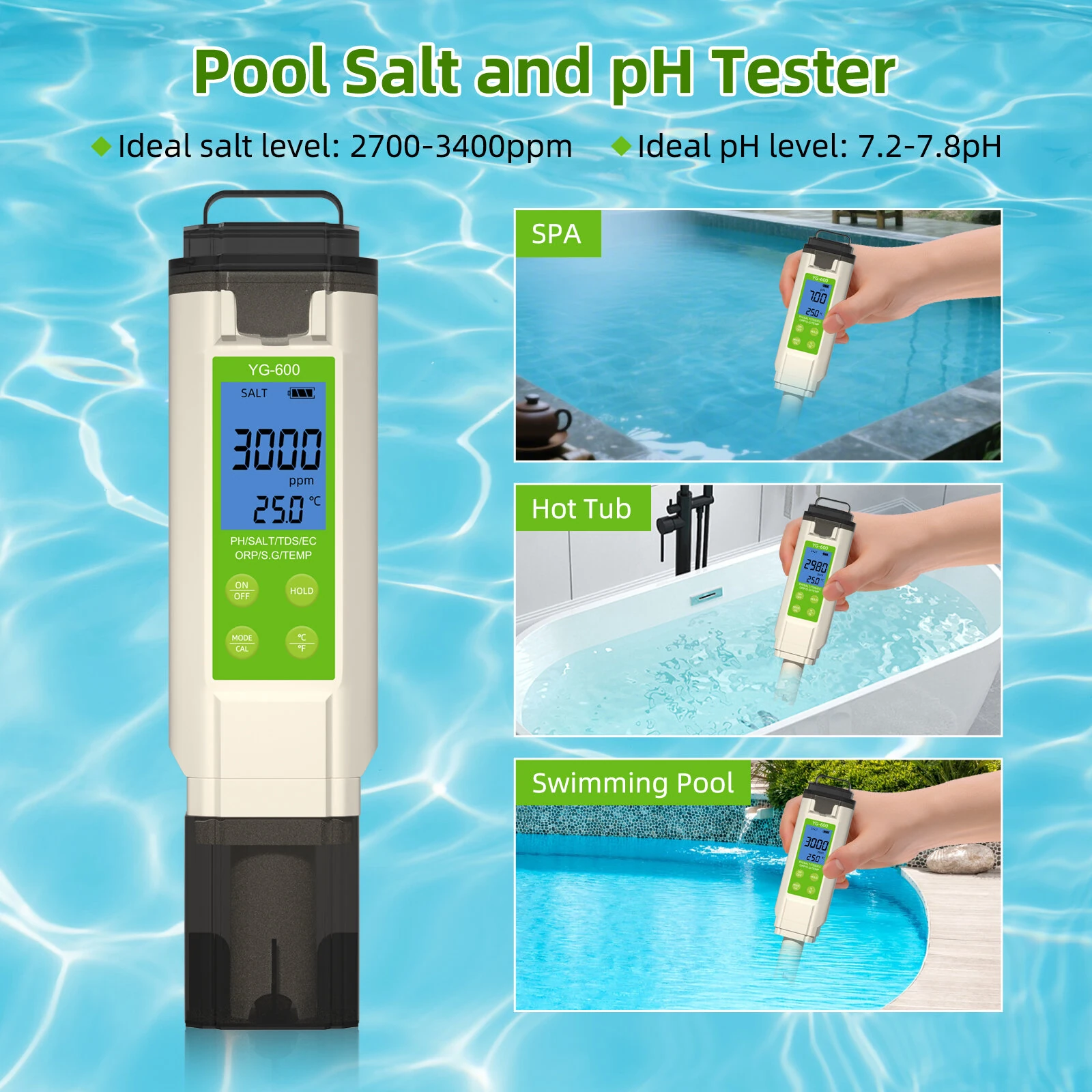 7-in-1 Water Quality Tester YG-600 Digital pH Meter EC TDS Salt ORP Temperature Tester for Aquarium Pool Hydroponics Accurate Measurement — view 4