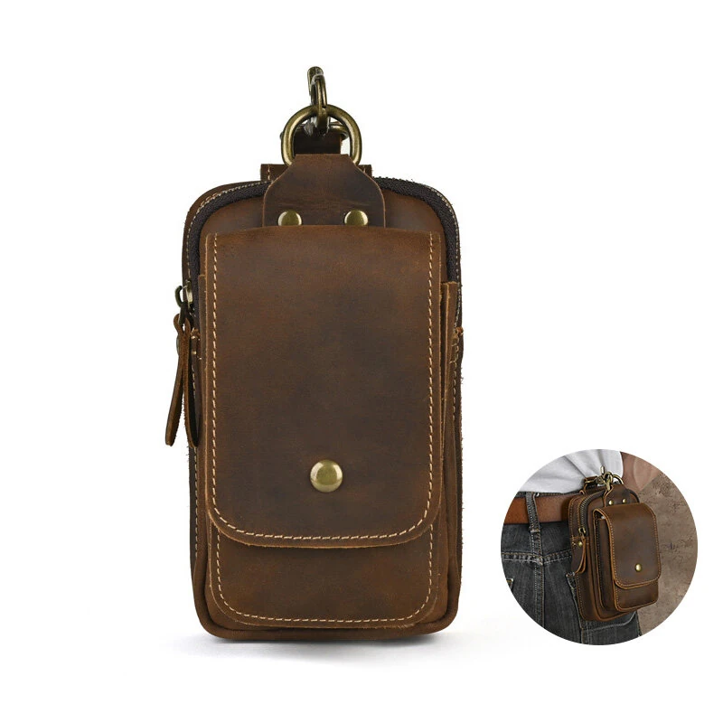 7 Inch Genuine Leather Men's Waist Bag Multi Pocket Retro Zipper Clasp Hanging Belt Phone Case Pouch for Outdoor Travel — image 1