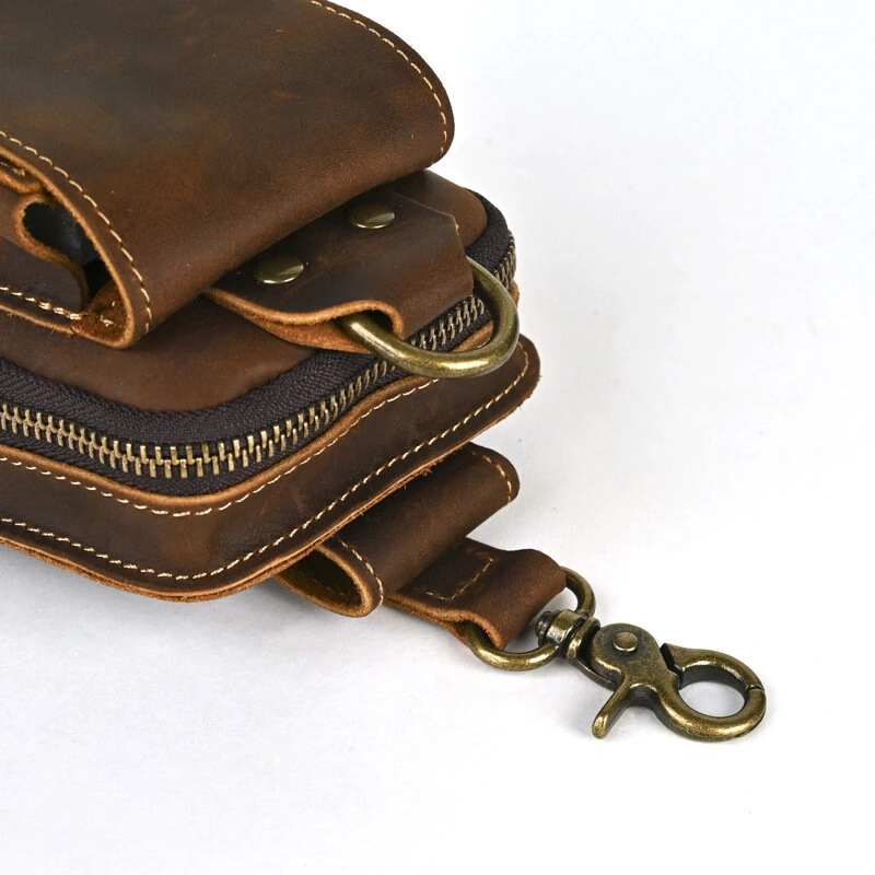 7 Inch Genuine Leather Men's Waist Bag Multi Pocket Retro Zipper Clasp Hanging Belt Phone Case Pouch for Outdoor Travel — view 10