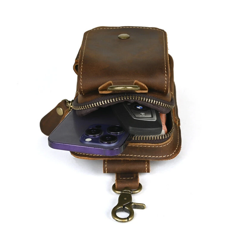 7 Inch Genuine Leather Men's Waist Bag Multi Pocket Retro Zipper Clasp Hanging Belt Phone Case Pouch for Outdoor Travel — view 2