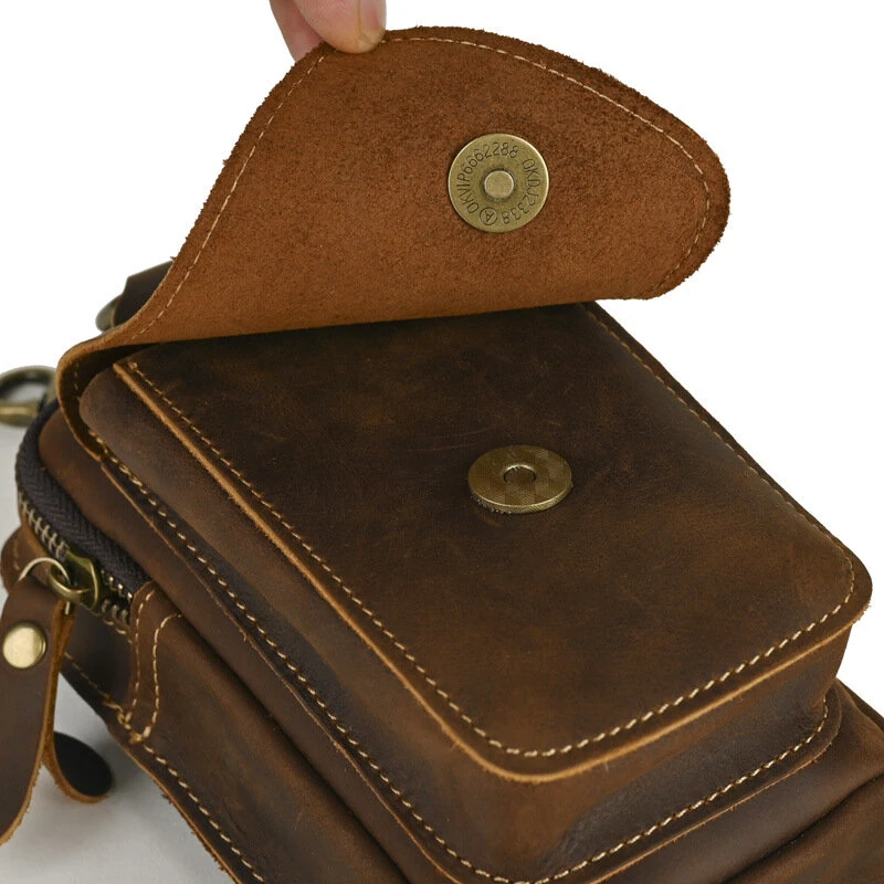 7 Inch Genuine Leather Men's Waist Bag Multi Pocket Retro Zipper Clasp Hanging Belt Phone Case Pouch for Outdoor Travel — view 3