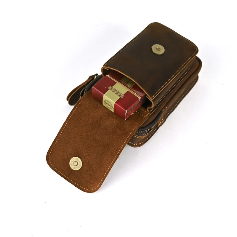 7 Inch Genuine Leather Men's Waist Bag Multi Pocket Retro Zipper Clasp Hanging Belt Phone Case Pouch for Outdoor Travel — view 4