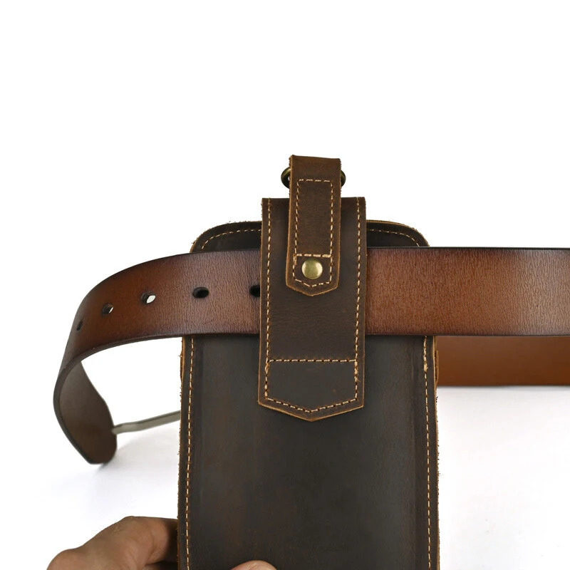 7 Inch Genuine Leather Men's Waist Bag Multi Pocket Retro Zipper Clasp Hanging Belt Phone Case Pouch for Outdoor Travel — view 5